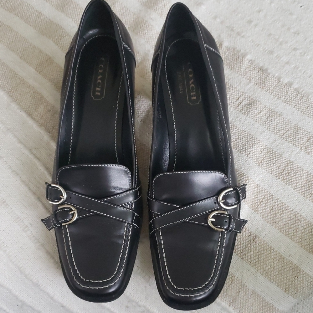 Coach Black All Leather Buckle Loafers